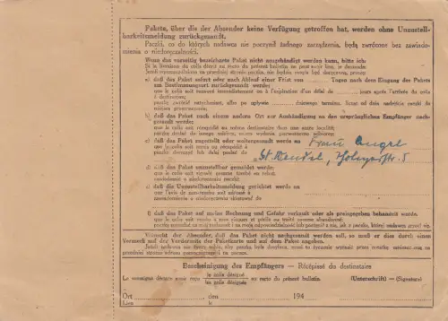 GG: Carte de colis international avec carte de paquets d'urgence Brody vers Idar Oberstein, Feldpost