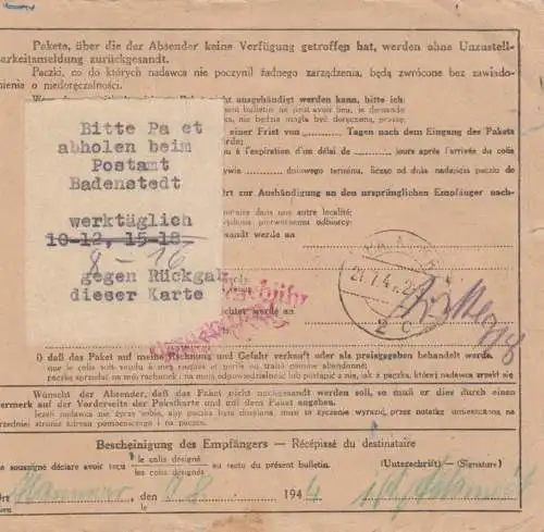 GG: Carte de colis international Konskie aux ouvriers polonais de l'usine Badenstedt/Hannover