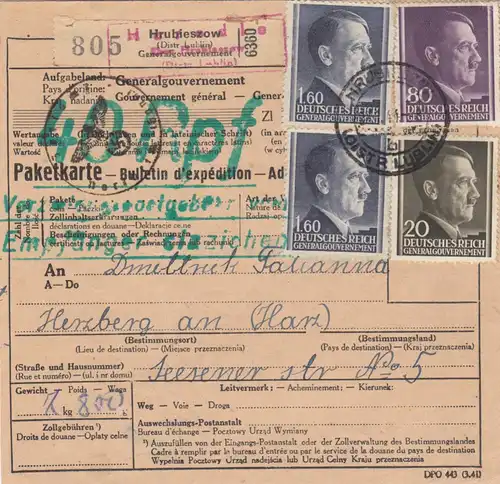 Carte de colis international GG Hrubieszow PNZ surimpression après Herzberg timbre douanier