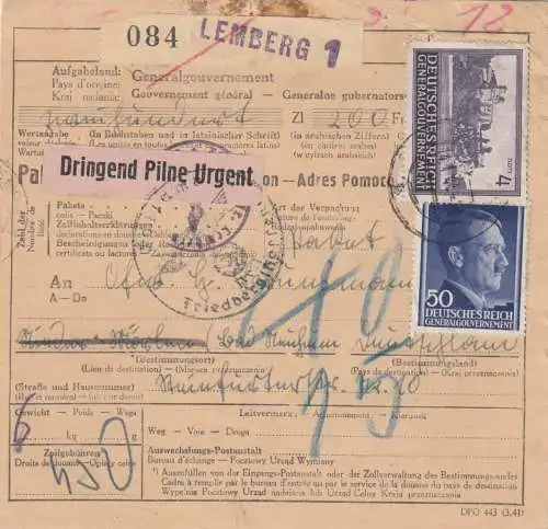 Carte de colis international GG Lemberg - DRINGEND - Valeur indiquée par Freidberg