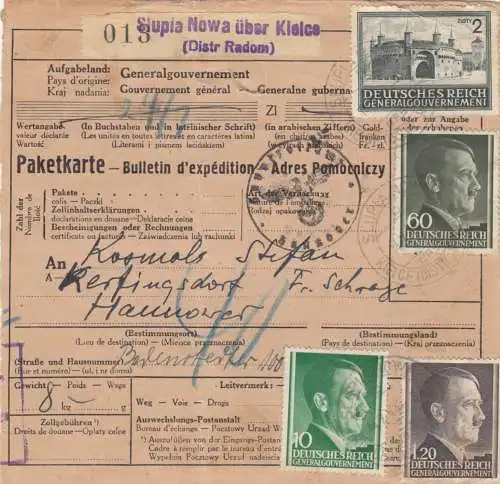 Carte de paquets internationaux GG Slupia Nowa via Kielce vers Hanovre/Badenstedt