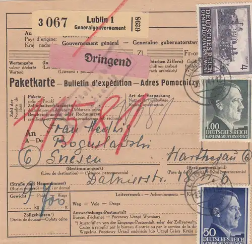 Carte de paquets internationaux GG Lublin DRINGEND vers Gnesen