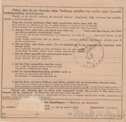 Carte de paquets internationaux GG Lublin DRINGEND vers Gnesen