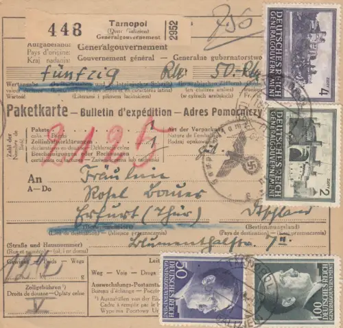 GG Auslandspaketkarte Tarnopol nach Erfurt - Arbeitslager