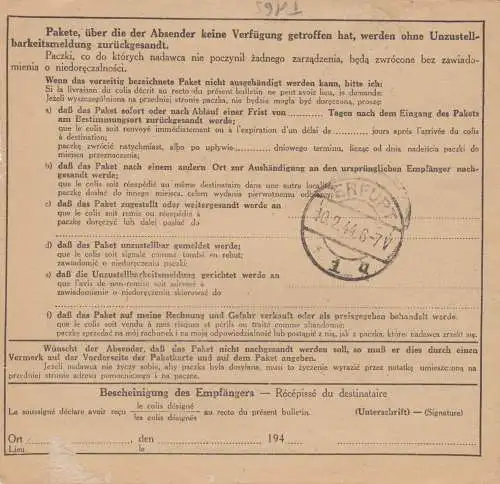 Carte de colis international GG Tarnopol vers Erfurt - Camp de travail