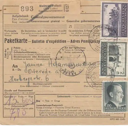 Carte de paquets internationaux GG Miedrzyrzec Podlaski vers Osterode