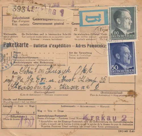 Carte de colis international GG Lemberg à Strasbourg, Sac-post-Frew.Div. Galice