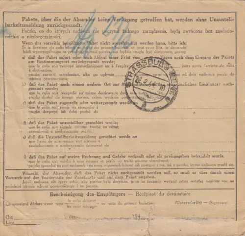 Carte de colis international GG Lezajsk à Strasbourg, chasseur volontaire Div. Galice