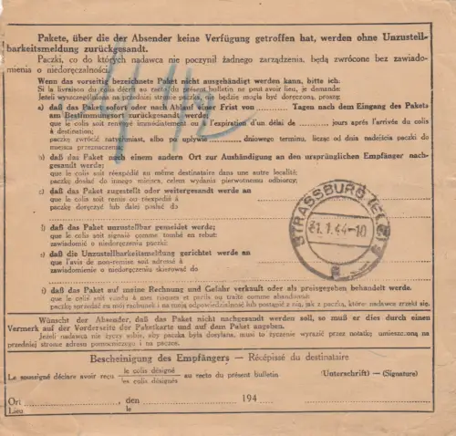 Carte de colis international GG Drohobycz à Strasbourg, chasseur - SS-Frew.Div. Galice