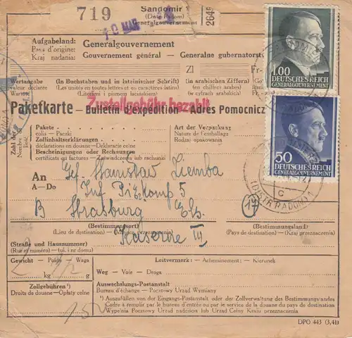 Carte de paquets internationaux GG Sandomir à Strasbourg, Division Volontaire Galice