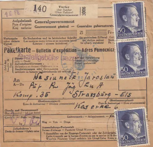 GG Inlandspaketkarte Turka nach Strassburg, SS-Freiw. Division Galizien, Knick