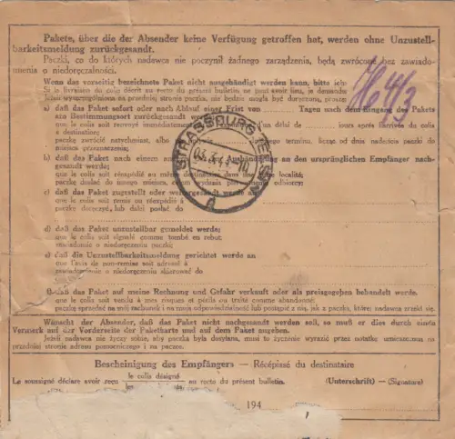 Carte de colis intérieur GG Turka vers Strasbourg, Division Galicie SS-Frew, Knick