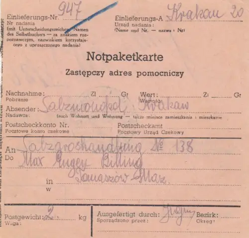 Carte d'urgence GG de Cracovie à Tomaszow-Maz, formulaire rare