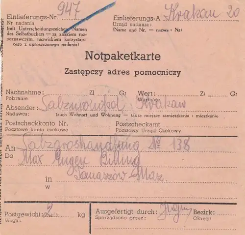 GG Notpaketkarte Krakau nach Tomaszow-Maz, selteners Formular