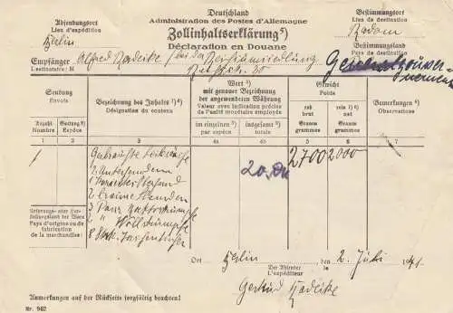 GG Zollinhaltserklärung Berlin-Radom: Leibwäsche etc. mit Notpaketkarte