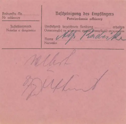 GG Zollinhaltserklärung Berlin-Radom: Leibwäsche etc. mit Notpaketkarte