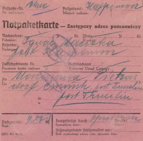 GG Notpaketkarte mit Zustellgebühr vor Ort erhoben, MeF portogerecht