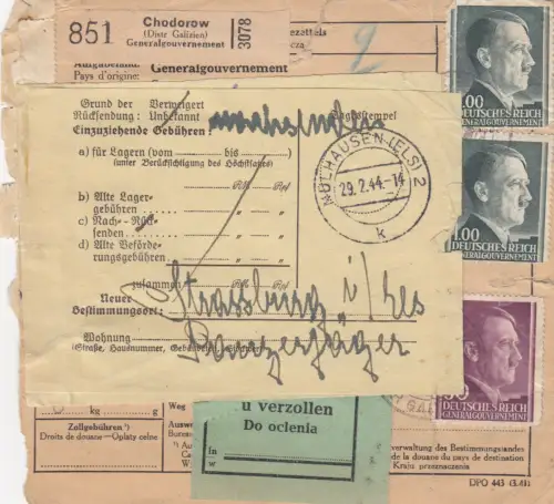 Carte de colis international GG à Chodorov à Strasbourg, Volontaire. Div. Galice, Douane