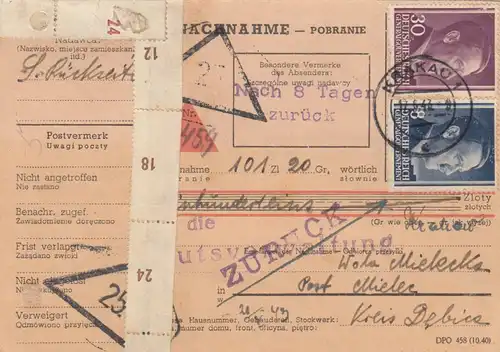 GG Inlandspaketkarte Nachnahme, seltenes Formular Krakau-Wola Mielecka, 8 Tage