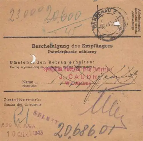 GG Instruction postale Lublin vers Varsovie, DP Est 2, Lublin 2, EF 87A, portofach