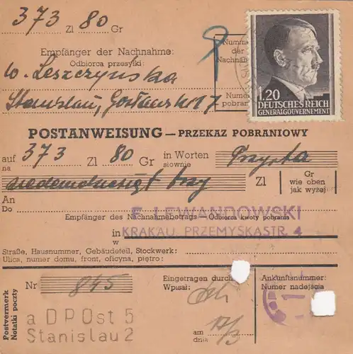GG Instruction postale Stanislau - Cracovie, DP Est 5, Stanislä 2, EF 87A, portofach
