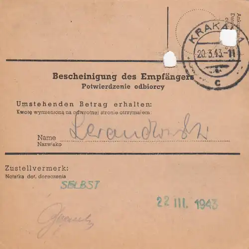 GG Postanweisung Stanislau - Krakau, DP Ost 5, Stanislau 2, EF 87A, portogerecht