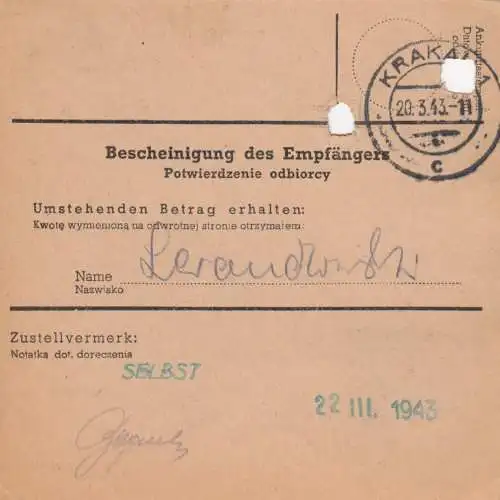 GG Postanweisung Stanislau - Krakau, DP Ost 5, Stanislau 2, EF 87A, portogerecht