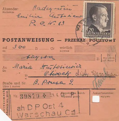 GG Postanweisung Warschau-Otwock, DP Ost, EF 87A, portogerecht