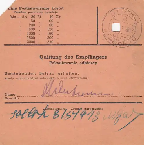 GG Postanweisung Warschau-Otwock, DP Ost, EF 87A, portogerecht