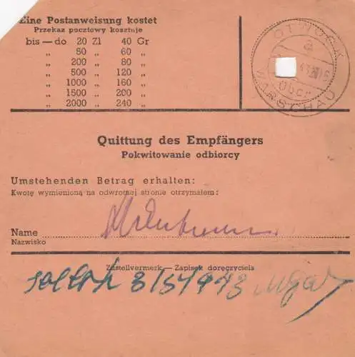 GG Postanweisung Warschau-Otwock, DP Ost, EF 87A, portogerecht