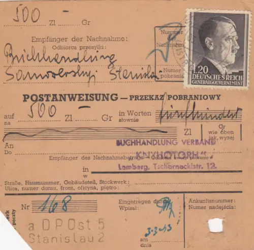 GG Postanweisung Stanislau-Lemberg, DP Ost 5, EF 87A, portogerecht