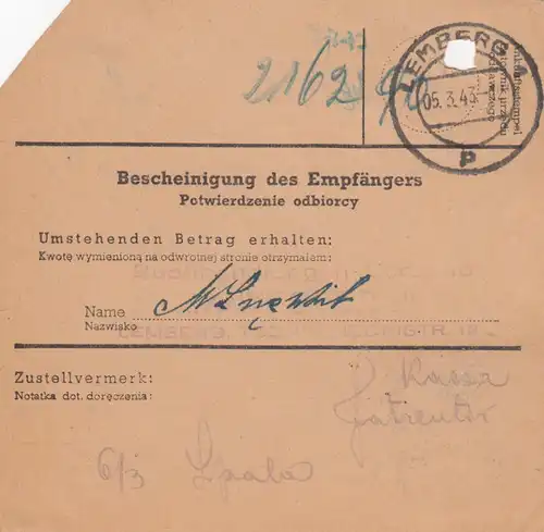 GG Postanweisung Stanislau-Lemberg, DP Ost 5, EF 87A, portogerecht