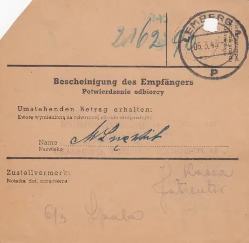 GG Postanweisung Stanislau-Lemberg, DP Ost 5, EF 87A, portogerecht