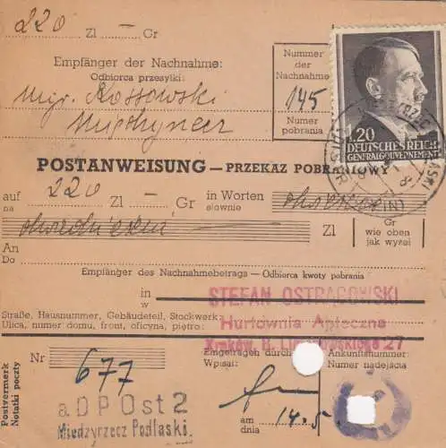 GG Postanweisung Miedzyrzecz Podlaski, DP Ost 2, EF 87A, portogerecht