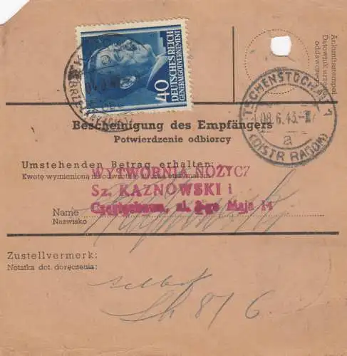 GG Postanweisung Kozowa - Tschenstochau, DP Ost 5, MiF, portogerecht