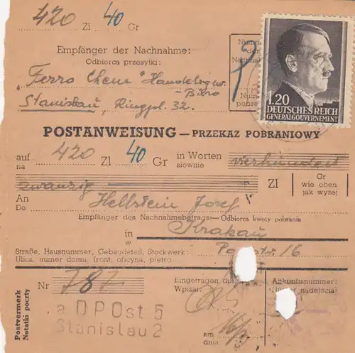 GG Instruction postale Stanislau-Krakau, DP Ost 5, EF 87A, portofach
