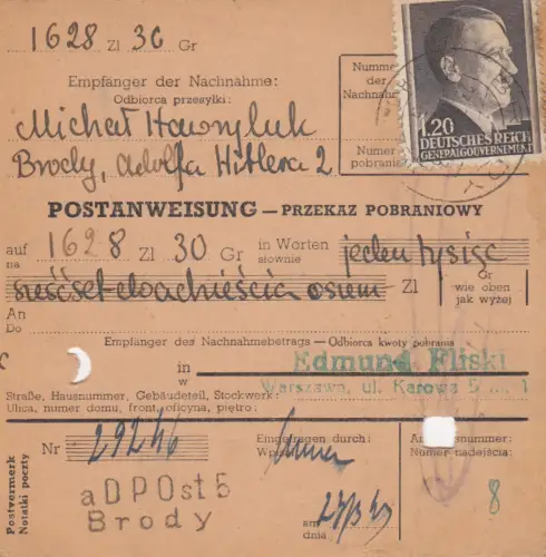 GG Postanweisung Brody-Warschau, DP Ost 5, MeF 87A, portogerecht