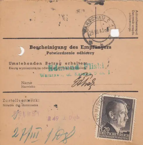 GG Postanweisung Brody-Warschau, DP Ost 5, MeF 87A, portogerecht