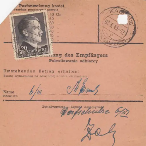 GG Postanweisung Kalusz-Podmichale, DP Ost 5, MeF 87A, portogerecht