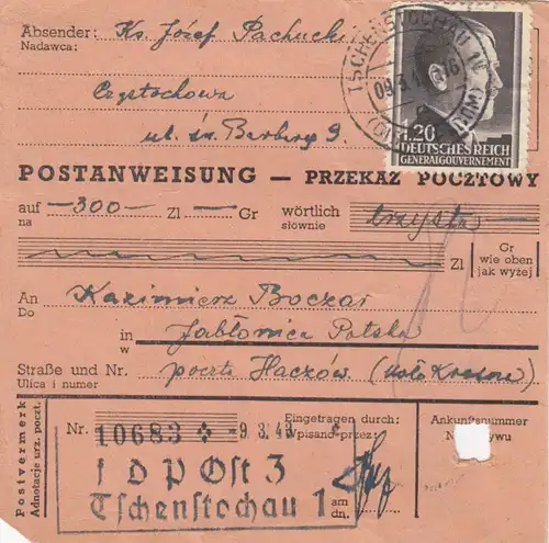 GG Postanweisung Tschenstochau Krosno, DP Ost 3, MiF portogerecht