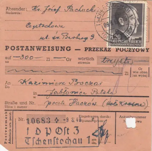 GG Postanweisung Tschenstochau Krosno, DP Ost 3, MiF portogerecht