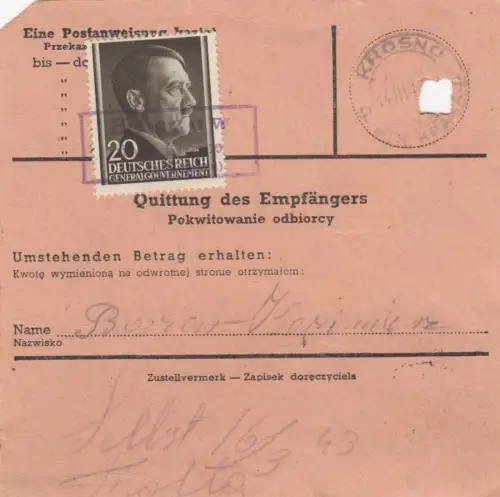 GG Postanweisung Tschenstochau Krosno, DP Ost 3, MiF portogerecht