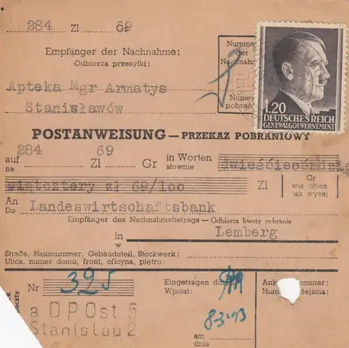 GG Postanweisung Stanislau - Lemberg, DP Ost 5, EF portogerecht