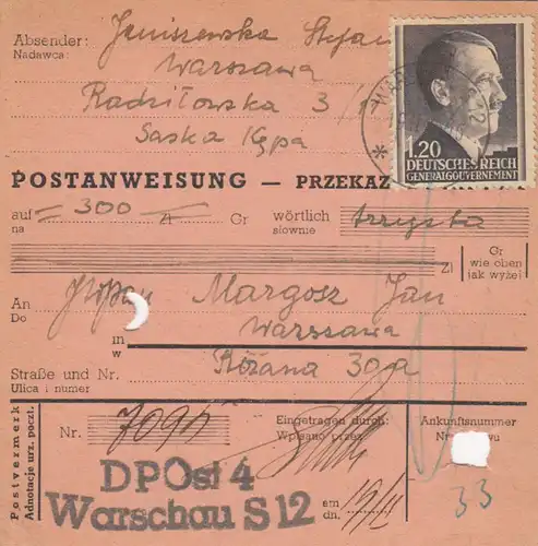 GG Commande postale Varsovie, DP Est 4, EF porto, rare.