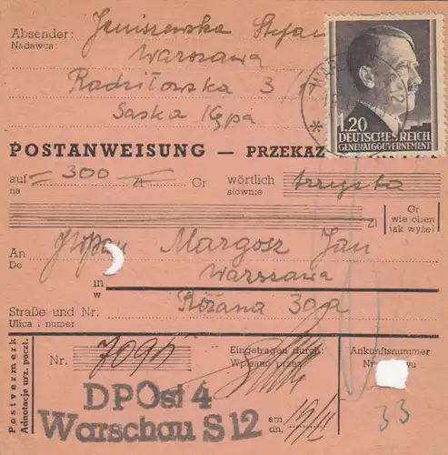 GG Postanweisung Warschau, DP Ost 4, EF portogerecht, selten.Briefträger Stempel