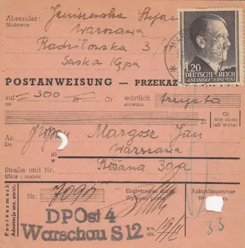 GG Postanweisung Warschau, DP Ost 4, EF portogerecht, selten.Briefträger Stempel