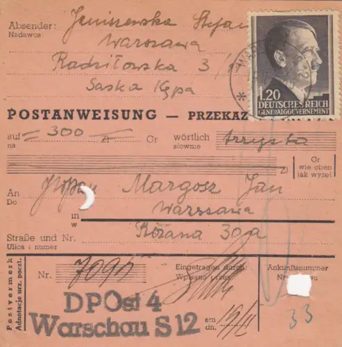 GG Postanweisung Warschau, DP Ost 4, EF portogerecht, selten.Briefträger Stempel