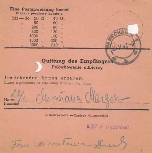 GG Postanweisung Warschau, DP Ost 4, EF portogerecht, selten.Briefträger Stempel