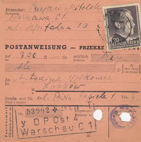 GG Postanweisung Warschau-Krakau, DP Ost 4, EF portogerecht