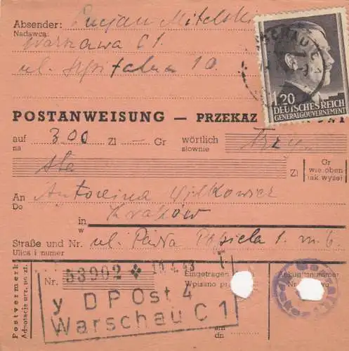 GG mandat postal Varsovie-Cracovie, DP Est 4, EF portofakund